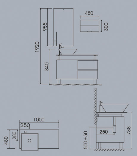 Technical image of Reflections Bayonne complete vanity unit set.