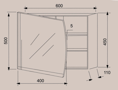 Technical image of Reflections Bryher stainless steel bathroom cabinet. 600x500mm.