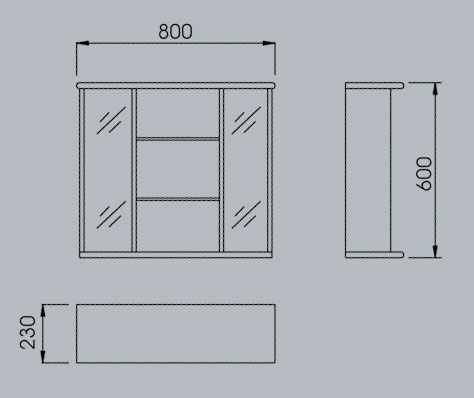 Technical image of Reflections Darwen bathroom cabinet with light. 800x600mm.