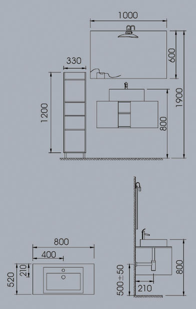 Technical image of Reflections Grenoble complete wall hung vanity unit set.