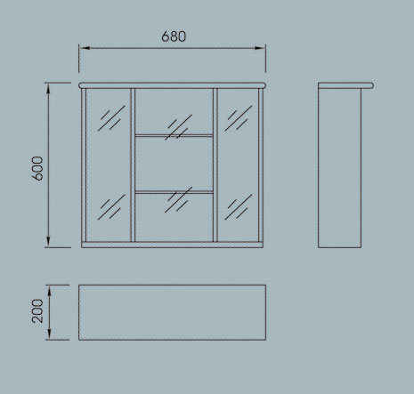 Technical image of Reflections Mahon bathroom cabinet with light.  680x600mm.