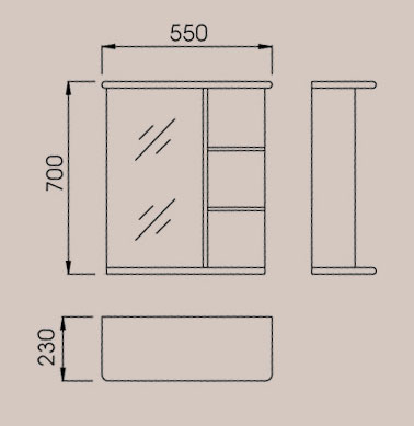 Technical image of Reflections Newmarket bathroom cabinet with light. 550x700mm.