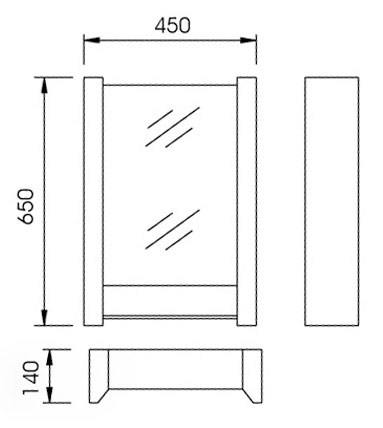 Technical image of Reflections Paris stainless steel bathroom cabinet. 450x650mm.