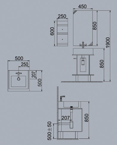 Technical image of Reflections Toulon complete vanity unit / washstand set.