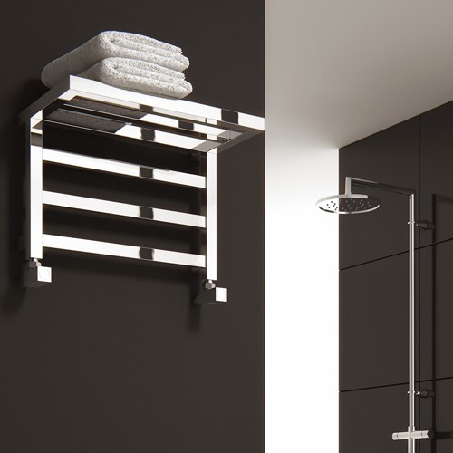 Larger image of Reina Radiators Elvina Shelf Towel Radiator (Chrome). 350x500mm.