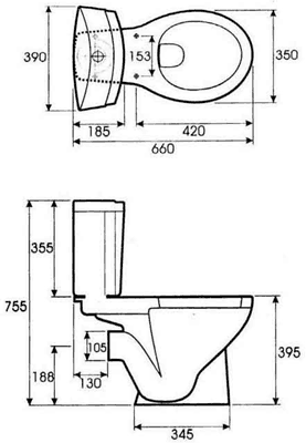 Technical image of RAK Amy Close Coupled Toilet, Dual Push Flush Cistern With Fitting & Seat.
