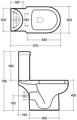 Technical image of RAK Charlton Close Coupled Toilet, Dual Push Flush Cistern & Seat.