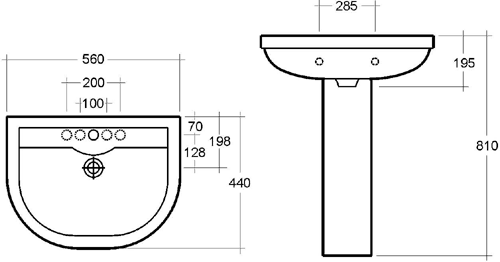 Technical image of RAK Charlton 2 Tap Hole Basin & Pedestal. 550mm.