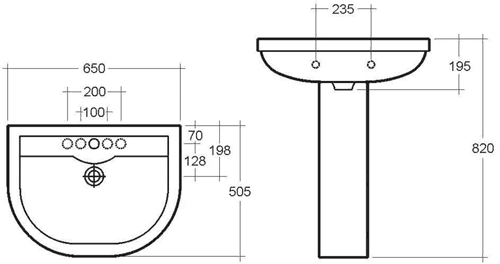 Technical image of RAK Charlton 3 Tap Hole Basin & Pedestal. 650mm.