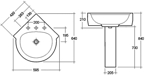 Technical image of RAK Evolution 1 Tap Hole Corner Basin And Pedestal. 595mm.