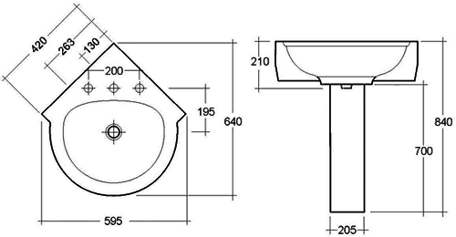 Technical image of RAK Evolution 4 Piece Corner Bathroom Suite With 3 Tap Hole Basin.