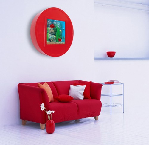 Example image of Relaxsea Halo Wall Hung Aquarium With Red Frame. 800x800x160mm.