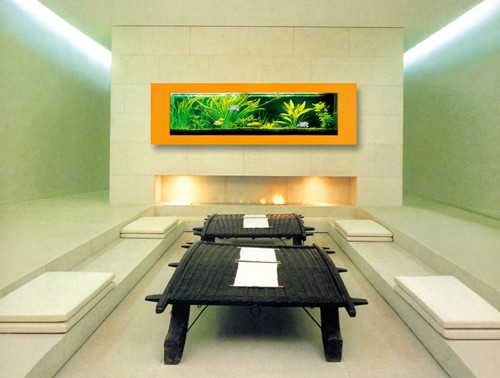 Example image of Relaxsea Ideal Wall Hung Aquarium With Orange Frame. 2000x600x160mm.