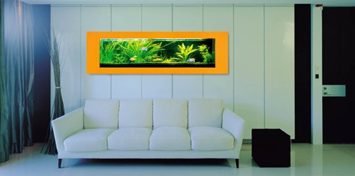 Example image of Relaxsea Ideal Wall Hung Aquarium With Orange Frame. 800x450x120mm.