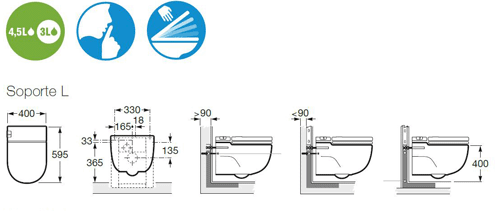 Technical image of Roca In Tank Wall Hung Pan With Integrated Cistern & Seat (Stud Wall "L" Type).
