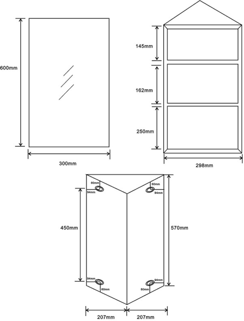 Technical image of Roma Cabinets Corner Mirror Bathroom Cabinet. 300x600x190mm.