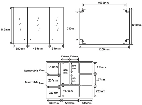 Technical image of Roma Cabinets 3 Door Mirror Bathroom Cabinet. 1200x650x130mm.