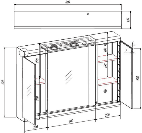 Technical image of Roma Cabinets 2 Door Mirror Bathroom Cabinet & Lights.  800x550x130mm.