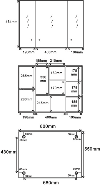 Technical image of Roma Cabinets 3 Door Mirror Bathroom Cabinet. 800x550x130mm.