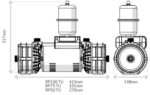 Technical image of Salamander Pumps Right RP100TU Twin Shower Pump (Universal. 3.0 Bar).