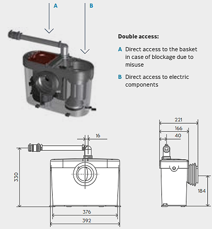 Technical image of Saniflo Saniaccess 1 Macerator For Toilet (WC).