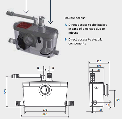 Technical image of Saniflo Saniaccess 3 Macerator For Toilet, Basin & Shower (En-Suite).