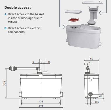 Technical image of Saniflo Saniaccess 4 Greywater Pump (Kitchens & Utility Rooms).