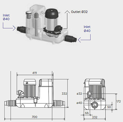 Technical image of Saniflo Sanicom 1 Commercial Greywater Pump.
