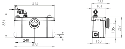 Technical image of Saniflo Saniplus UP Macerator For A Bathroom (WC, Basin, Bath & Shower).