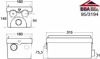 Technical image of Saniflo Sanishower macerator for shower and basin.