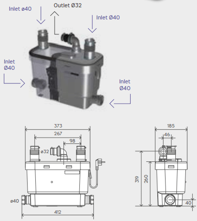 Technical image of Saniflo Sanispeed Light Commercial Greywater Pump.