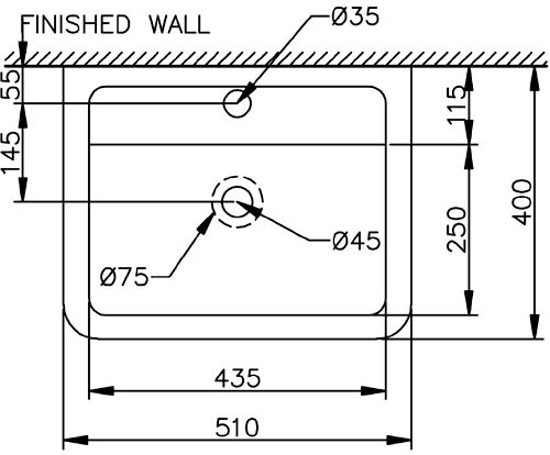 Technical image of Shires Parisi Basin & Pedestal (1 Tap Hole).  Size 510x400mm.