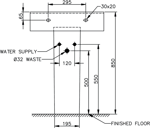 Technical image of Shires Parisi Basin & Pedestal (1 Tap Hole).  Size 580x460mm.