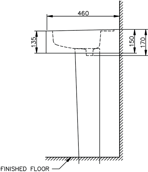 Technical image of Shires Parisi Basin & Pedestal (1 Tap Hole).  Size 580x460mm.