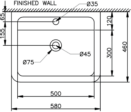 Technical image of Shires Parisi Free Standing Basin (1 Tap Hole).  Size 510x400mm.