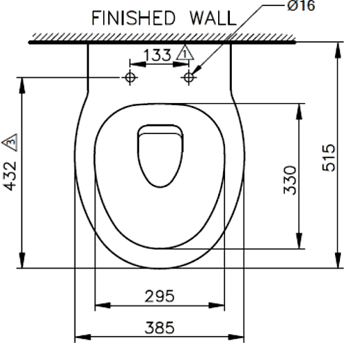 Technical image of Shires Parisi Wall Hung Toilet Pan, Soft Close Seat.  Size 385x515mm.