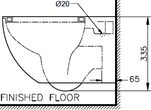 Technical image of Shires Parisi Wall Hung Toilet Pan, Soft Close Seat.  Size 385x515mm.