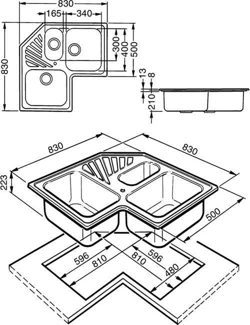 Technical image of Smeg Sinks 2.5 Bowl Stainless Steel Antiscratch Corner Inset Kitchen Sink.