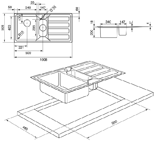 Technical image of Smeg Sinks Mira 1.5 Bowl Sink With Right Hand Drainer (Stainless Steel).