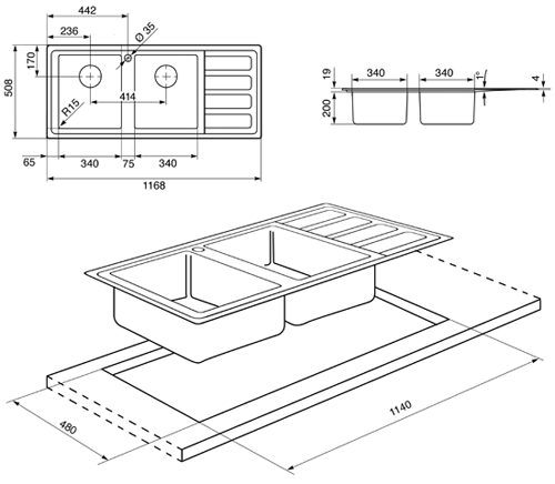 Technical image of Smeg Sinks Mira 2.0 Double Bowl Sink With Right Hand Drainer (S Steel).