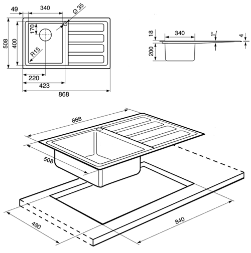 Technical image of Smeg Sinks Mira 1.0 Single Bowl Sink With Right Hand Drainer (S Steel).