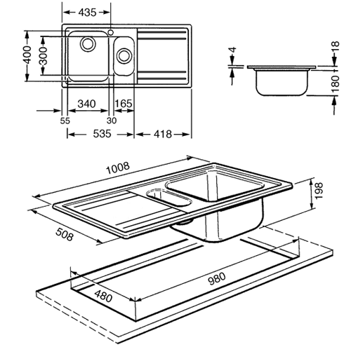 Technical image of Smeg Sinks Rigae 1.5 Bowl Sink With Right Hand Drainer (Stainless Steel).