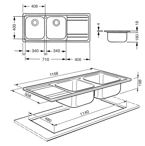 Technical image of Smeg Sinks Rigae 2.0 Double Bowl Sink With Left Hand Drainer (S Steel).