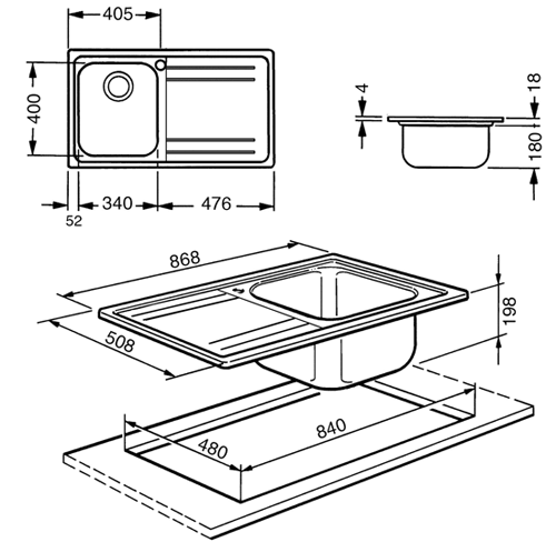 Technical image of Smeg Sinks Rigae 1.0 Single Bowl Sink With Left Hand Drainer (S Steel).