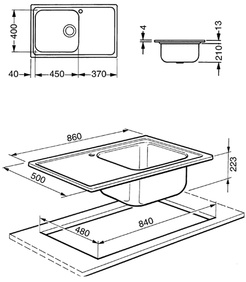 Technical image of Smeg Sinks Alba 1.0 Single Bowl Sink With Left Hand Drainer (S Steel).