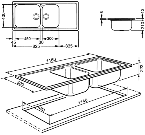 Technical image of Smeg Sinks Alba 1.5 Bowl Sink With Right Hand Drainer (Anti-scratch).