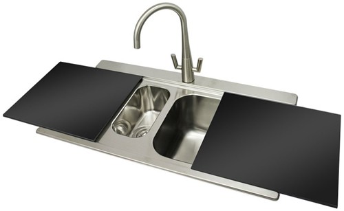 Larger image of Smeg Sinks Iris 1.5 Bowl Sink, RH Drainer & Black Glass Chopping Boards.