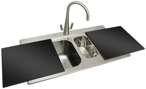 Larger image of Smeg Sinks Iris 1.5 Bowl Sink, LH Drainer & Black Glass Chopping Boards.