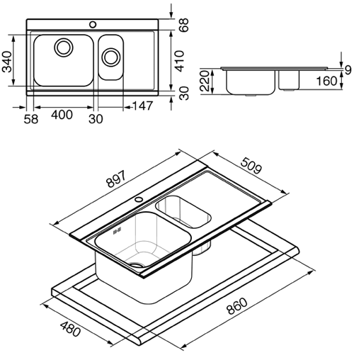 Technical image of Smeg Sinks Iris 1.5 Bowl Sink, RH Drainer & Silver Glass Chopping Boards.