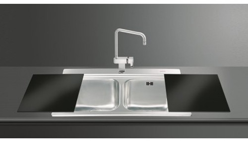 Larger image of Smeg Sinks Iris 2.0 Bowl Sink & Black Glass Chopping Boards.